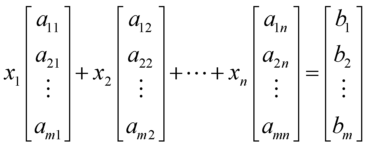x1 [a11; a21; ... ; am1] + x2 [a12; a22; ... ; am2] + ... + xn [a1n; a2n; ... ; amn] = [b1; b2; ...; bm]^T