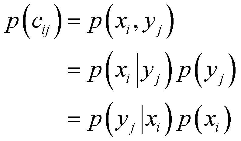 p(C sub ij) = product of p(x sub i Given y sub j) and p(x sub i) = product of p(y sub j Given x sub i) and p(y sub j)