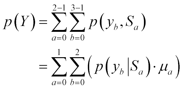 p(Y) = sum from a=0 to 2-1, sum from b=0 to 3-1 of(p(y sub b Given S sub a) times meu sub a)