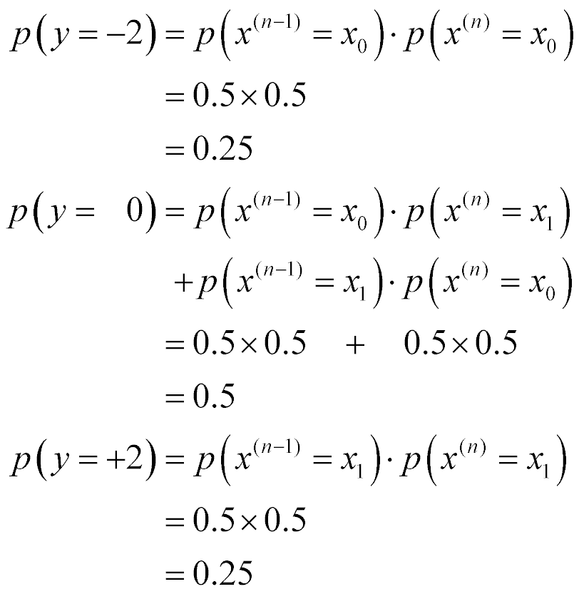 p(y = -2) = 0.25, p(y = 0) = 0.5 and p(y = +2) = 0.25