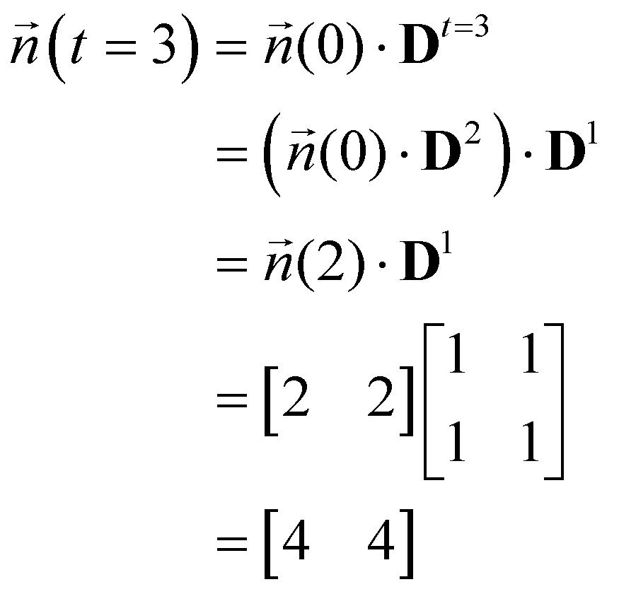 vector n(3) = vector n(0) times D sup 3 = [2, 2] times [1, 1; 1, 1] = [4, 4]
