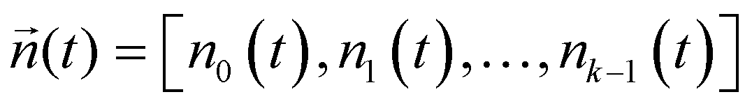 N(t) = [n sub 0 at t, n sub 1 at t, ellipsis, n sub k-1 at t]