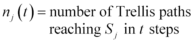 n sub j at time t is the number of Trellis paths reaching S sub j in t steps