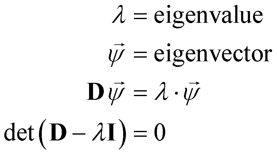 lambda: eigenvalue, (vector) psi: eigenvector, D times psi = lambda times psi and det(D - lambda times I) = 0