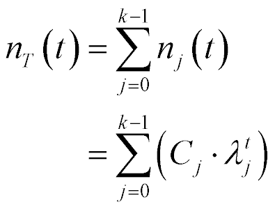 n sub T at t is equal to for all j = 0 to k-1, sum of products (C sub j times lambda sub j sup t)